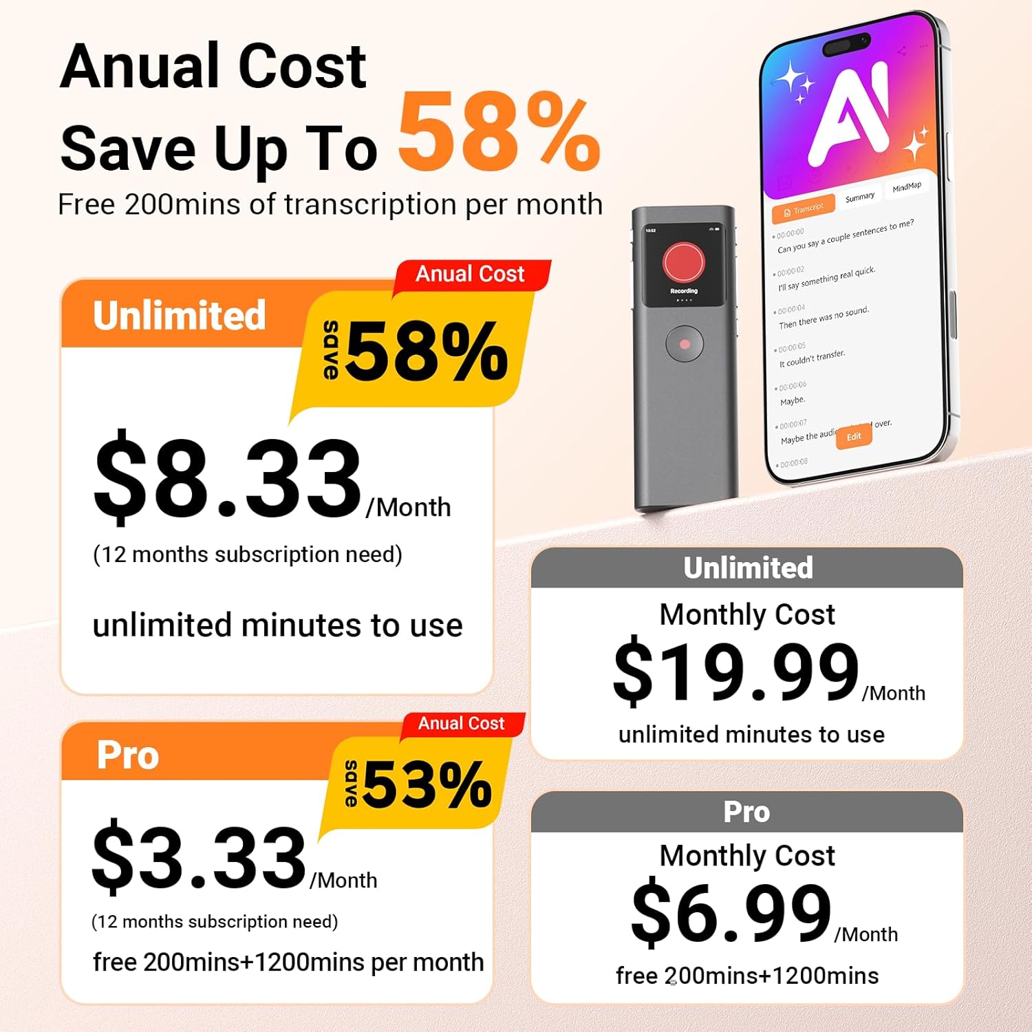 AI Digital Voice Recorder with Transcribe &amp; Summarize, AI Note Taker for Meeting &amp; Lectures, Voice Activated Recorder with Playback, Supports 90+ Languages Recording Device, Portable Tape Recorder