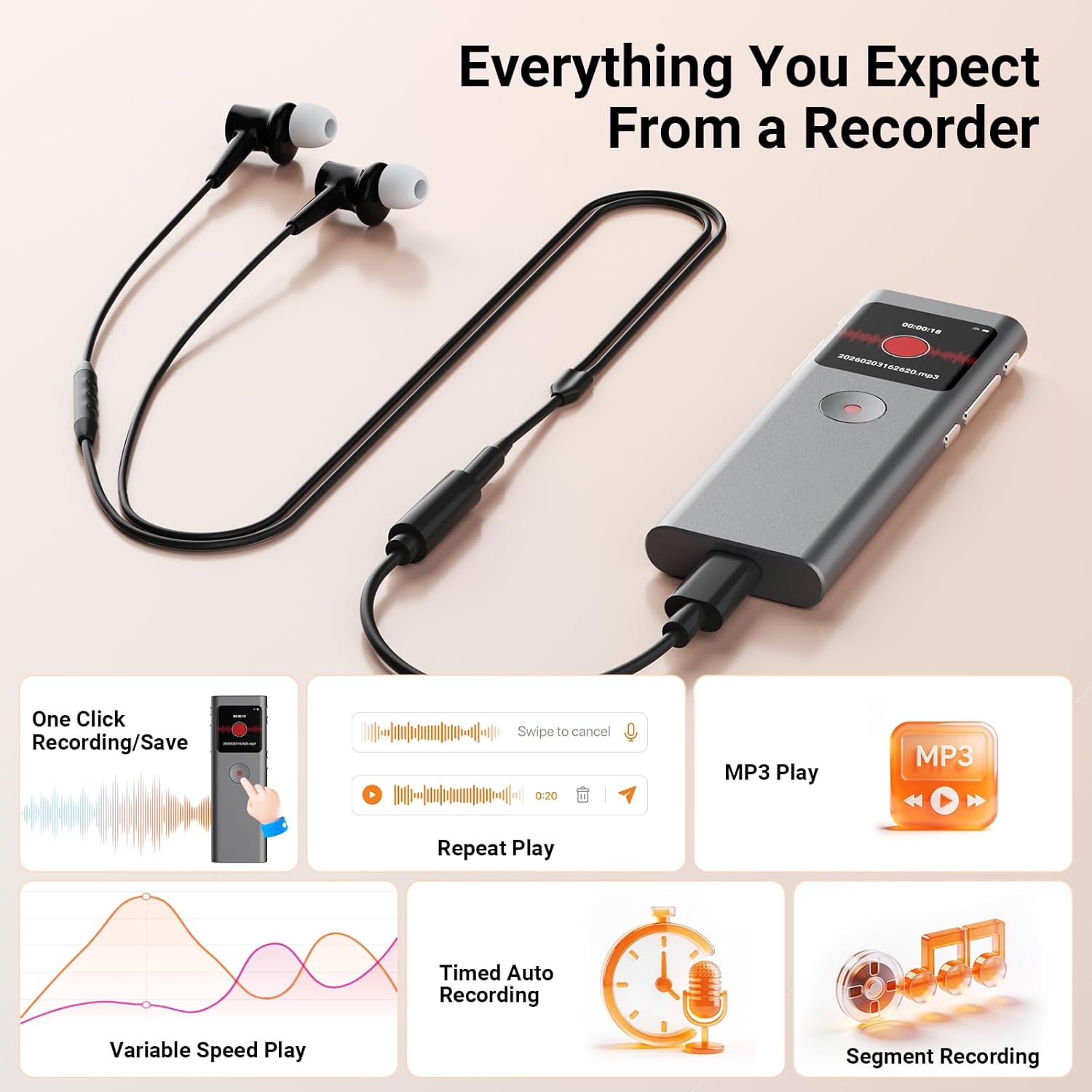 AI Digital Voice Recorder with Transcribe &amp; Summarize, AI Note Taker for Meeting &amp; Lectures, Voice Activated Recorder with Playback, Supports 90+ Languages Recording Device, Portable Tape Recorder